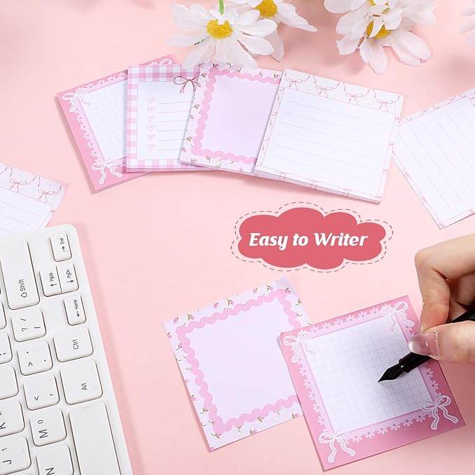 12 Pcs Coquette Bow Sticky Notes, 3x3 Inch Pink Note Pads Set | pink ribbon bow sticky notes. Self-stick adhesive pads perfect for school, office, journaling, and daily planning