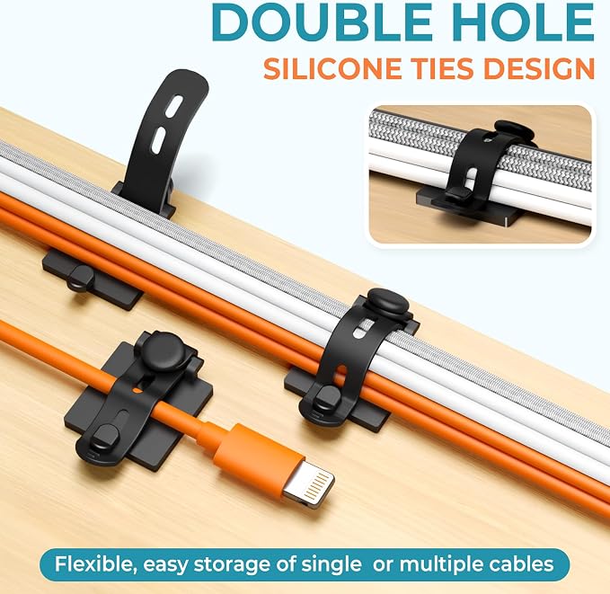 Kanemc 20PCS Cable Management Kit Adhesive Cable Clips | 20 Adjustable Cable Holders,20 Zip Ties,20 Screws&10 Extra Cable Straps, Cord Organizer for Home Office Under Desk Behind TV