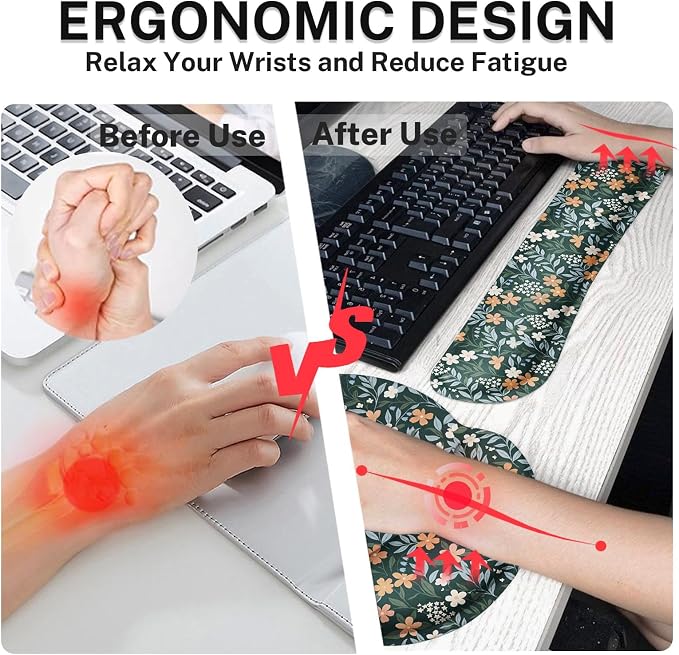 Vintage Green Floral Wildflower Ergonomic Mouse Pad Set with Wrist Rest Non-Slip Rubber Base Wrist Cushion Support and Coasters Mousepad with Wrist Support for Computer Keyboard and Desk