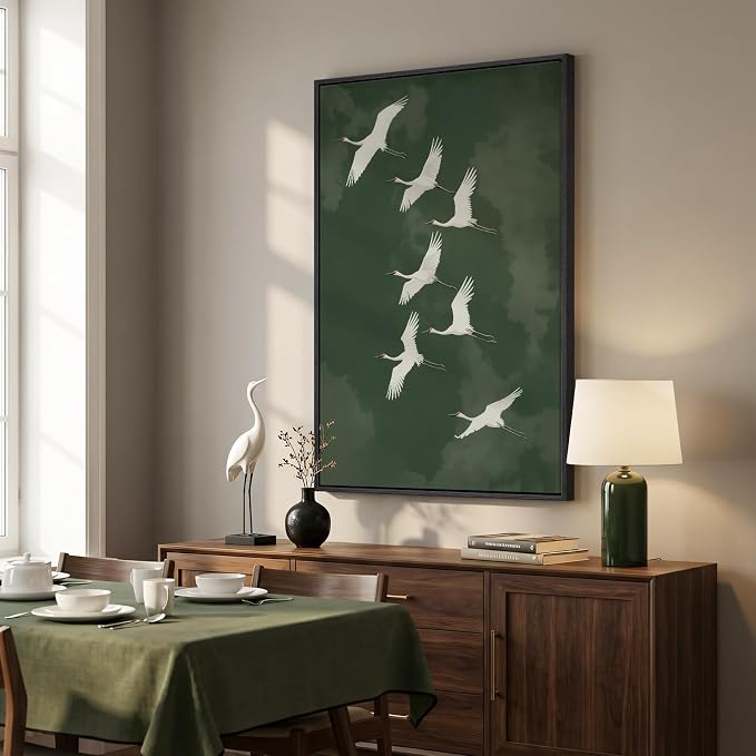 Large Framed Vintage Green Bird Wall Art for Living Room, Japanese Green Zen Asian Canvas Painting Prints Artwork for Walls, Minimalist Oriental White Crane Wall Art for Dining Room Hallway, 24x36