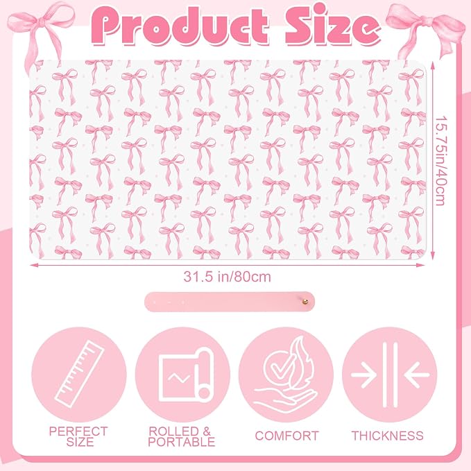 Teenyyou Coquette Bow Makeup Mat for Vanity Top Protector Back to School Gift 31.5" X15.7" Dual Side Leather Desk Mouse Pad Girly Waterproof Nonstick Dressing Vanity Cover for Women Home Office