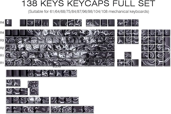 Tsungup PBT Keycaps,Custom Cool Dragon Pattern Side Print Keycaps(Black) | Tsungup Shine Through 138 Keys Cherry Profile Key Caps Keyboard Keycap Set for MX Switches Mechanical Keyboard