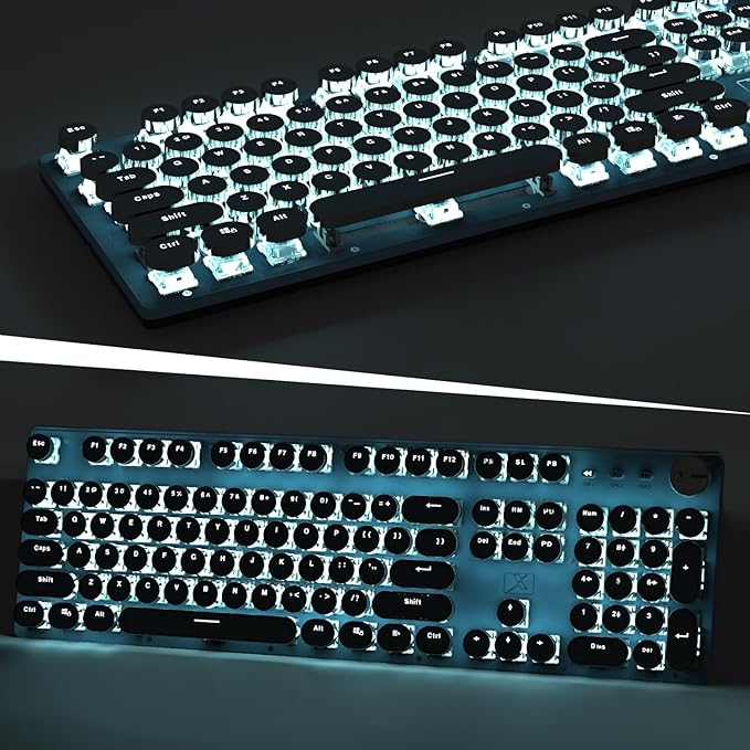 LexonElec Typewriter Style Retro Mechanical Gaming Keyboard, Vintage Steampunk with White LED Backlit, Wired 104-Key Blue Switch Cute Keyboard, Round Keycaps Knob Control for PC/Laptop/Mac (Blue)