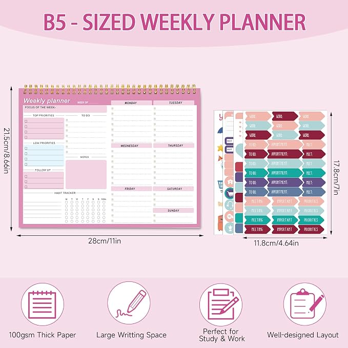 Weekly To Do List Notepad, 8.5''x11'' Weekly Desk Planners with 52 Tear Off Sheets Undated Planner Habit Tracker & Productivity Organizer for Home and Work, Pink