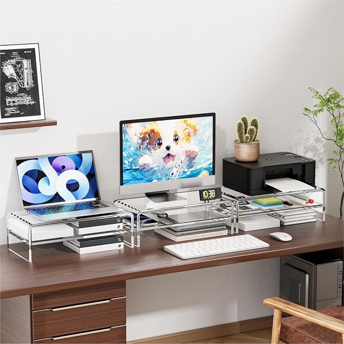 Egchi Acrylic Monitor Stand, 2 Tiers Clear Monitor Riser Computer Stand for Office, Home, Office, 5.12 Inches Hight PC Desk Stand for Keyboard Storage, Premium Platform for Laptop Printer TV Screen