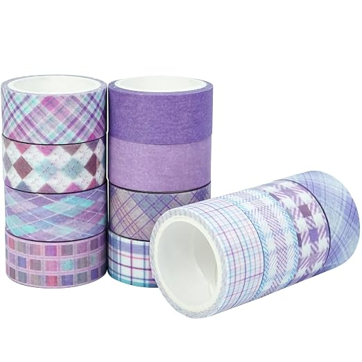 Basic Grid Washi Tape Set 12 Rolls Plaid Decorative Masking Tapes for Arts, DIY Crafts, Journals, Planners, Scrapbook, Wrapping (Purple)