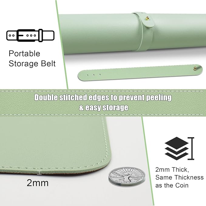 Dual-Sided Desk Pad, Natural Cork & PU Leather Mouse Pad for Desk, Desk Pad Protector, Non-Slip Desk Mat for Office and Home Work, (Light Green, 23.6" x 13.7")