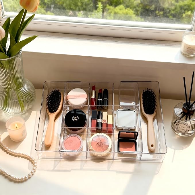 Acrylic Expandable Desk Drawer Organizer with 11 Adjustable Compartments | and 6 Removable Dividers Desk Accessories for Office Kitchen Bathroom Makeup and Utensil Junk Storage (Clear, 2Pcs)