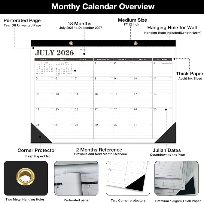 2026-2027 Desk Calendar - 18 Month Desk Calendar 2026-2027, Jul 2026 - Dec 2027, 17" x 12", Large Monthly Desktop Calendar with Daily Blocks, Thick Paper, Corner Protectors - (2 Stickers Included)