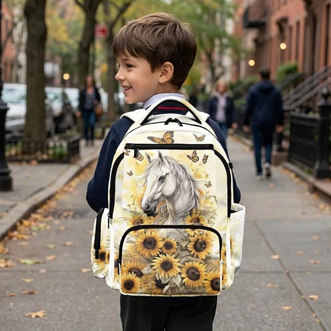 Horse Sunflower Backpack with Lunch Box for School Boys Girls Personalized School Bags 4 in 1 Set Includes Lunch Bag Pencil Case and Water Bottle Holder Back to School Supplies