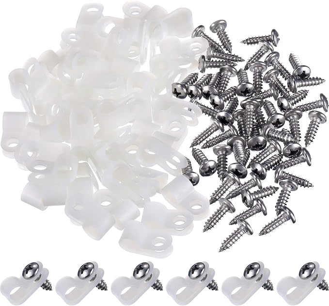 Hicarer 50 Pack R-Type Cable Clip Wire Clamp, Nylon Screw Mounting Cord Fastener Clips with 50 Pack Screws for Wire Management (White,1/4 Inch)