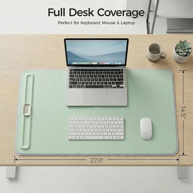 Premium Double-Sided Faux Leather Desk Pad – Non-Slip, Waterproof, with Magnetic Cable Organizer & File Storage – Designed for Offices & Creative Spaces – Durable & Easy to Clean（Green）