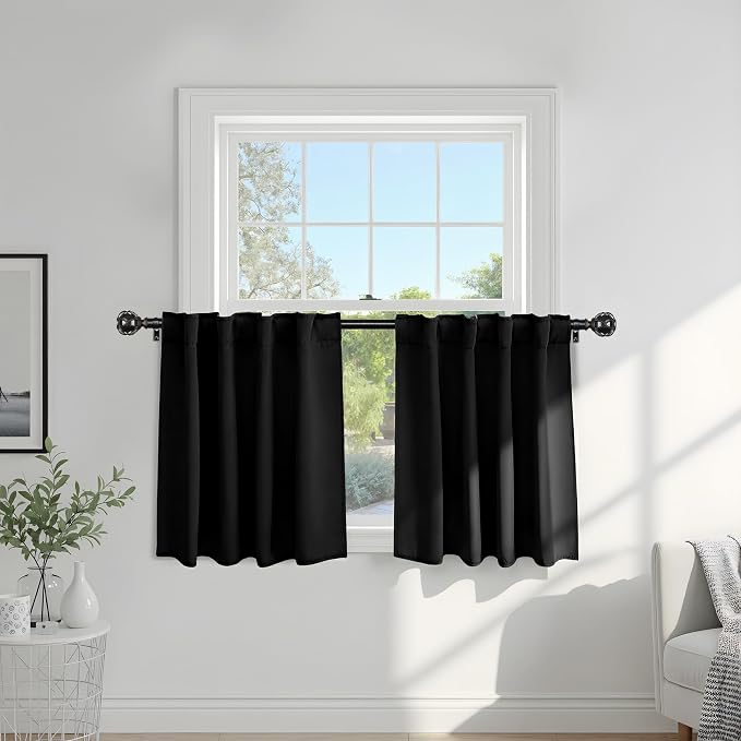 PONY DANCE Small Window Curtains 36 inches Long, Half Window Rod Pocket Privacy Short Thermal Insulated Curtain Tiers for Kitchen Bathroom Basement Cabinet Drapes, W42 x L36 Inch, 2 Panels, Black