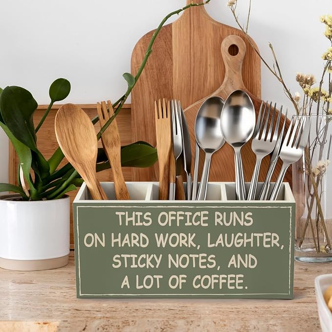 Funny Office Pen Pencil Holder for Desk | Office Humor and Coworker Gifts for Women Men, Green Wood Desk Organizer for Office Tabletop