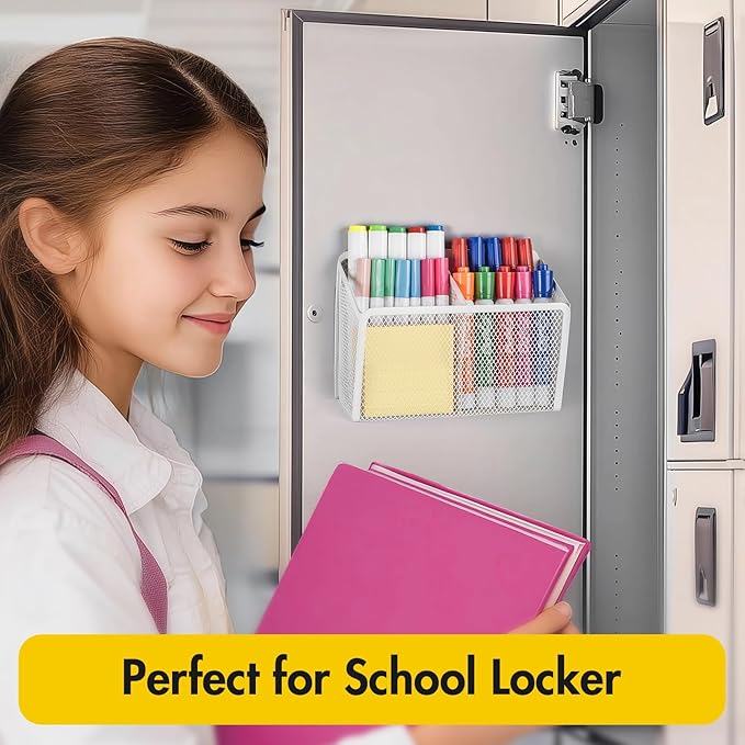 BEYGORM Magnetic Dry Erase Marker Holder for Whiteboard, Mesh Pen & Pencil Holder for Refrigerator, Strong Magnetic Basket for School Locker, Office & Classroom Organizer (White, 1-Pack)