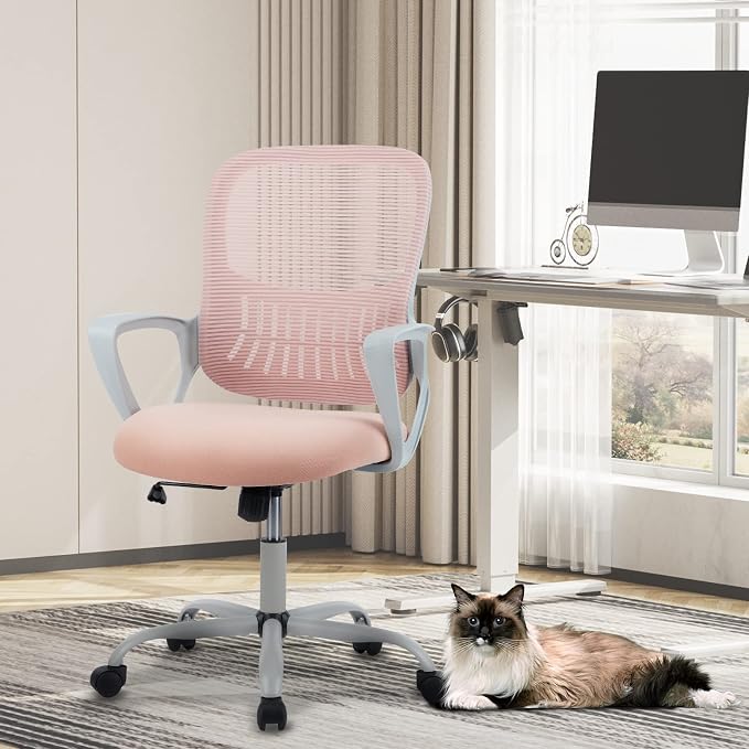Sweetcrispy Home Office Managerial Executive Chair with Ergonomic Design, Mid-Back Mesh Swivel, Comfortable Lumbar Support, Comfy Arms for Bedroom,Study,Student