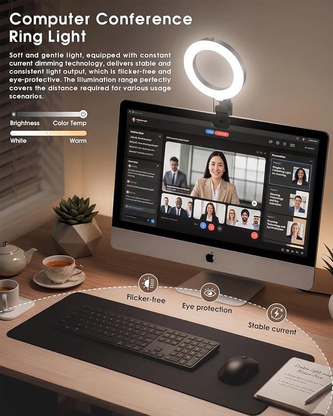 Ring Light for Computer Video Conference - Webcam Light for Monitor Clip On Remote Working Distance Learning Zoom Call Self Broadcasting and Live Streaming Influencer Light Laptop Video Conferencing