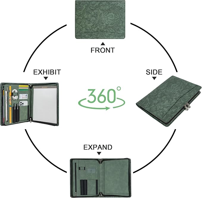 AZXCG Leather Portfolio with Zipper,Embossed PU Leather Padfolio Folio,Professional Business Document Organizer with A4 Letter Sized,Writing Pad Holder,Gifts for Women/Men (Dark Green, Custom)