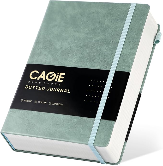 CAGIE Bullet Dotted Journal Notebook 320 Pages 100 GSM Paper Hardcover A5 Dot Grid Notebook Leather Journals for Writing Women Men Work Journaling, Green