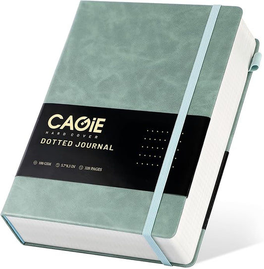CAGIE Bullet Dotted Journal Notebook 320 Pages 100 GSM Paper Hardcover A5 Dot Grid Notebook Leather Journals for Writing Women Men Work Journaling, Green