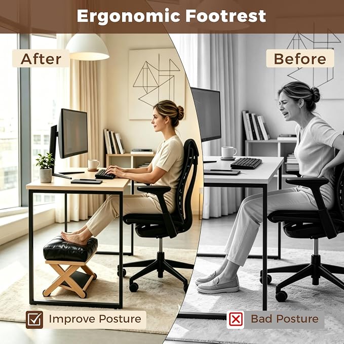 Double Step Foot Rest Under Desk, Ergonomic Foot Stool with Cushioned Top & Non-Slip Surface, Wooden Under Desk Footrest for Work, Office Chair, Home & Gaming