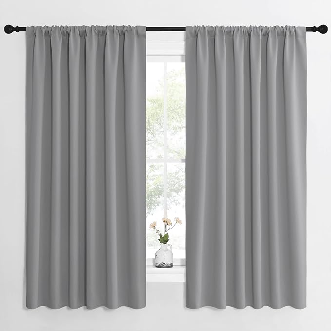 NICETOWN Short Curtains for Wide Window - Thermal Insulated Rod Pocket Blackout Drapes/Draperies for Dining Room (2 Panels, W62 x L63 inches, Silver Grey)