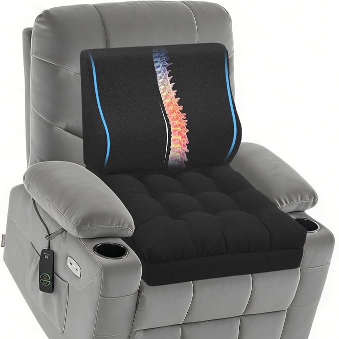 baibu Extra Large Memory Foam Recliner Cushions with Lumbar Support Pillow for Elderly, 20x20x5 Inch Thick Dual-Layer Patent Design Non-Slip Recliner Seat Cushion for Reduce Hip & Lumbar Pain, Black