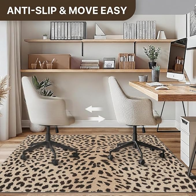 36"x48" Office Chair Mat for Hardwood Tile Floor, Under Desk Carpet Protector for Rolling Computer Chair Mat, Machine Washable Area Rug, Anti-Slip 1/5" Thick Low Pile Thin Vinyl Floor Mat, Leopard