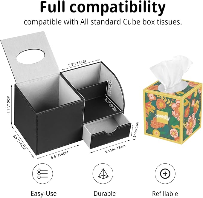 Square Tissue Box Cover with Storage Drawer,Facial Tissues Cube Box Holder | PU Leather Modern Remote Control Holder,Nightstand Organizer Caddy for Bathroom Vanity, Makeup,Office and Home Desktop Decor