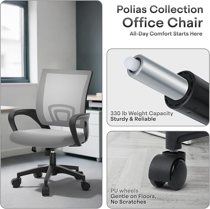 Ergonomic Mesh Office Chair, Heavy Duty 330 Lb Capacity 1 Pack, Light Grey | Mid-Back Desk Chair, Rolling Wheel, Breathable Mesh Backrest & Lumbar Support, Adjustable Height, Sponge Seat for Home Office