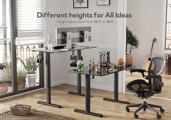Claiks 48x24 Inch Black Glass Standing Desk | Adjustable Height, Tempered Glass Top, Stand Up, Quick Install, 3 Memory Presets