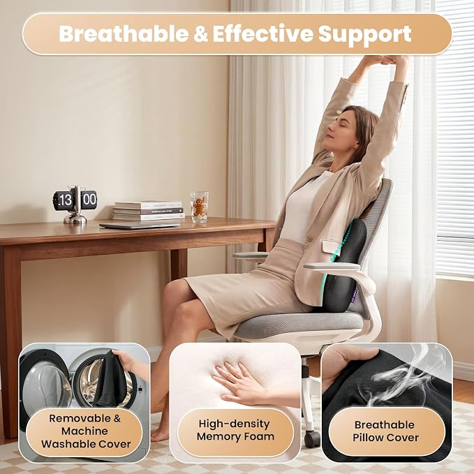 ZZ-WELL Lumbar Support Pillow for Office Chair - Ergonomic Back Support Cushion for Mid Lower Back Pain Relief, Posture Improved - Adjustable Straps, Breathable & Removable Cover (Black)