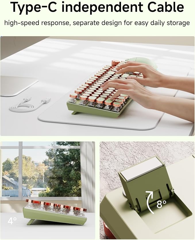 EWEADN Typewriter Style Mechanical Keyboard, Wired Typewriter Keyboards,104 Keys Backlit LED Metal Keyboards, Media Control Knob, Wired Computer Keyboard Pink Switch for Windows/Mac/PC-Green
