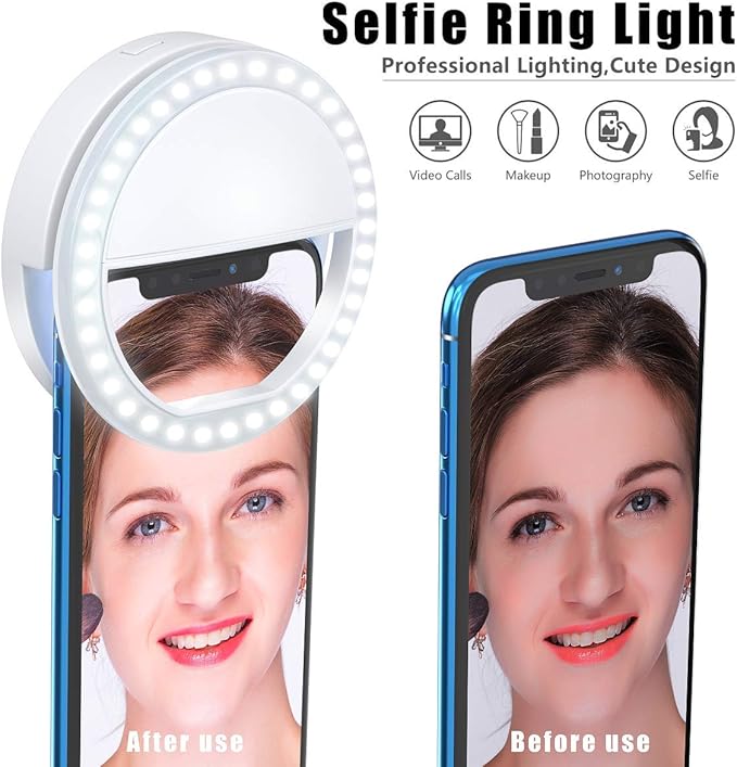 Meifigno Selfie Ring Light, [Rechargeable] with 36 LED Lights, 3-Level Adjustable Brightness Clips On Phone Ring Light Compatible with iPhone 16 15 14 13 12 11 Plus Pro Max iPad Laptop Samsung, White