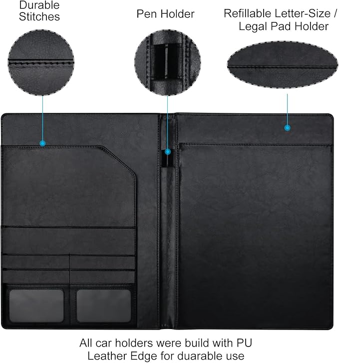 Cacturism Padfolio Portfolio Folder, Foldable Letter Size Writting Pad, PU Leather Professional Folio Organizer for Women - Resume Business Legal Document Holder for Job School Office, Black
