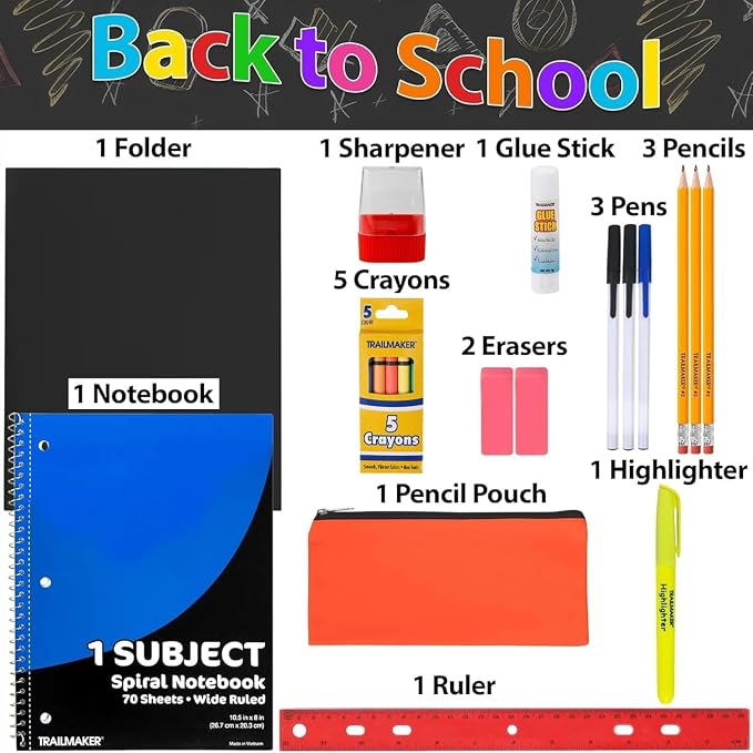 Trailmaker 24 Pack Bulk School Supply Kits | 20 Piece Back to School Supply Set for Elementary & Middle School | Notebooks, Crayons, Pencils & Essentials | For school drives, classrooms, nonprofits & student donations