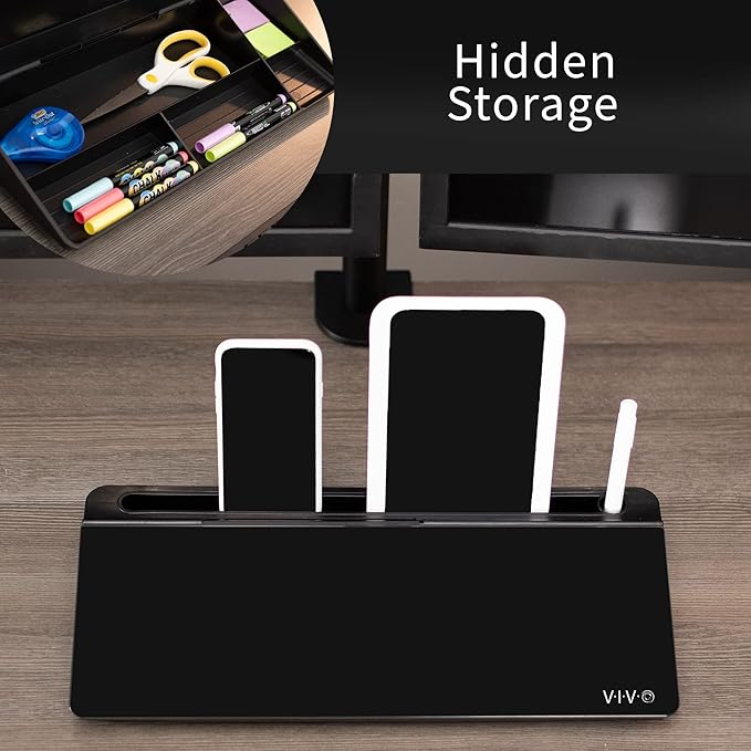 Vivo Glass 16 x 7 inch Dry Erase Board with Storage, Desktop Whiteboard Organizer with Hidden Compartments and Device Slot, Black, DESK-WB16B
