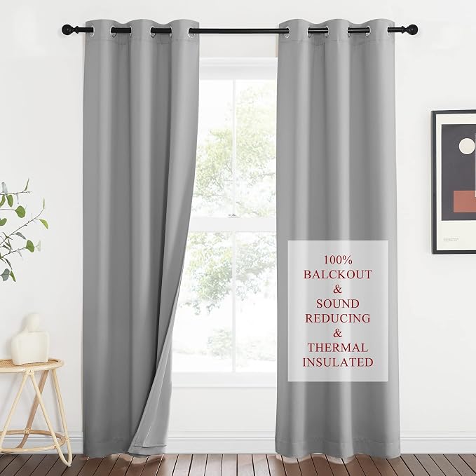 NICETOWN Noise Insulation Curtain Panels, Pair of Energy Smart & 100% Blackout Echo of Sounds Reducing Drapes for Dining Room Window, Thermal Guest Room Lined Window Dressing(Silver Grey, 34 x 84)