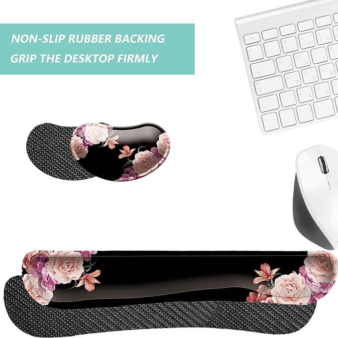 Keyboard Wrist Rest Mouse Wrist Support Set, Memory Foam Wrist Rest Pad for Computer Laptop Keyboard Mouse, Ergonomic Wrist Cushion Support for Typing Pain Relief, Gaming Home Office, Flowers Pink