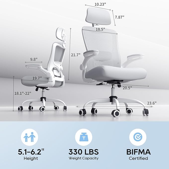 Ergonomic Office Chair, High Back Mesh Desk Chair with Adjustable Lumbar Support & Headrest, Flip-up Armrest, Computer Task Chairs for Home and Executive Office (W-Grey)