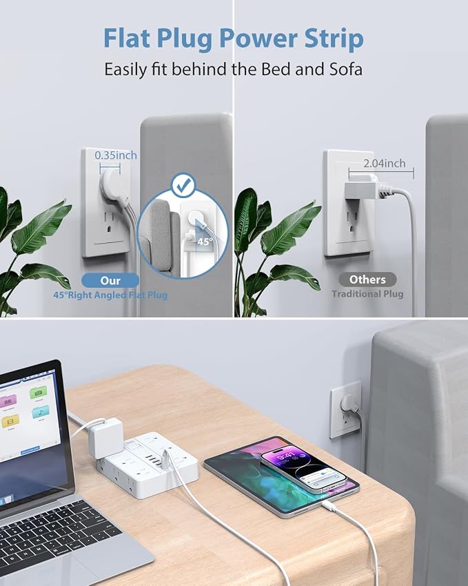 Power Strip 15 Ft Extension Cord, 12 Widely Spaced Outlets 6 USB (2 USB C) Ports, Ultra Thin Flat Plug Power Strip for Home, Office, Dorm Room Essentials