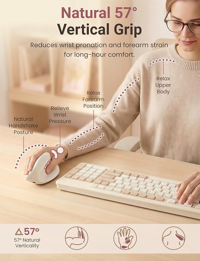 Ergonomic Vertical Wireless Mouse, 57°, Small/Medium Hands, Beige | Rechargeable, Quiet Click, 800/1200/1600 DPI, 2.4GHz USB Receiver, Forward/Back Buttons, Computer Mouse for Laptop PC Mac