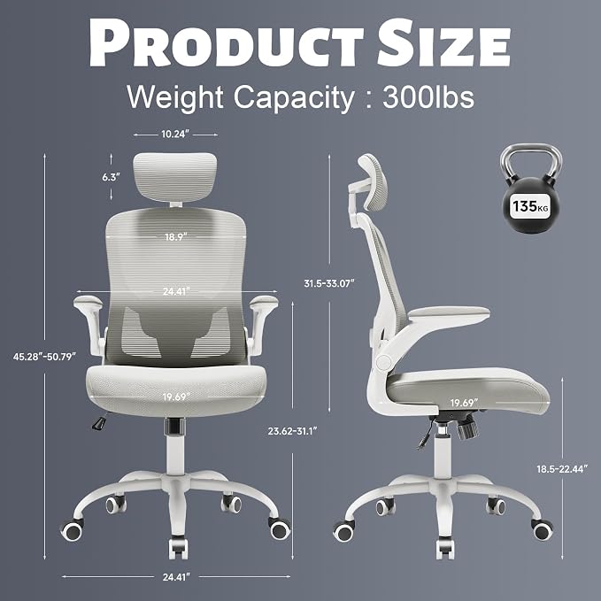 Ergonomic Chair for Office- Study Chair,300lb Gaming Chair, Mesh Comfortable High Back Chair, Headrest, Lumbar Support, Armrest, Comfy Seat for Man Woman(White-Grey6076)