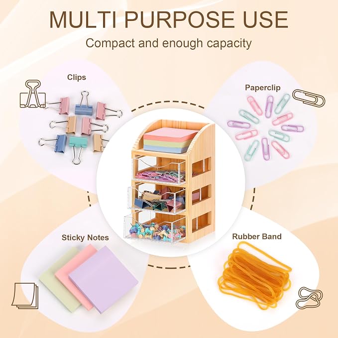 3 Drawer Desktop Accessory Storage Acrylic Sticky Note Holder with Drawers Clear Post it Note Holder Wood Paper Clip Organizer Push Pin Holder Desk Organizer Small Space 4.53"L x 4.1"W x 7.7"H