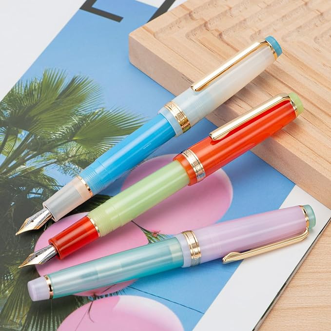 3 Jinhao 82 Fountain Pen Transparent Mixed Macaron Color Acrylic Medium Point Gold Trim with Converter Set