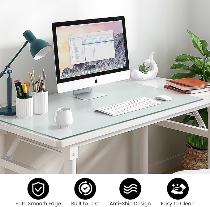 VASUHOME 32" x 20" Clear Tempered Glass Desk Mat - Multi-Functional Desk Pad for Keyboard and Monitor Protection, Dry Erase Surface, Ideal Table Top Protector for Home & Office