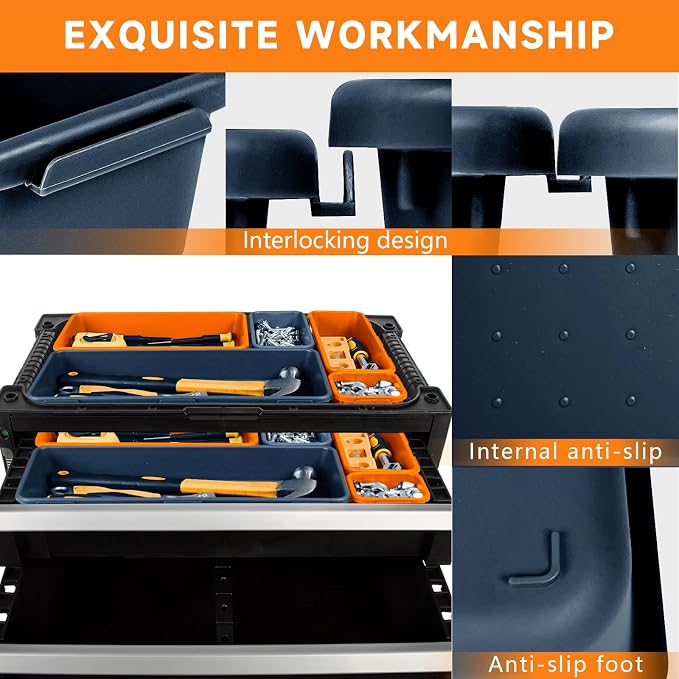 Tool Box Organizer Tray, 60 PCS & 5 Sizes, Blue and Orange | Upgraded Tool Drawer Organizer, Scratch-Resistant Plastic, Interlocking Design, Toolbox Organization for Rolling Tool Chest