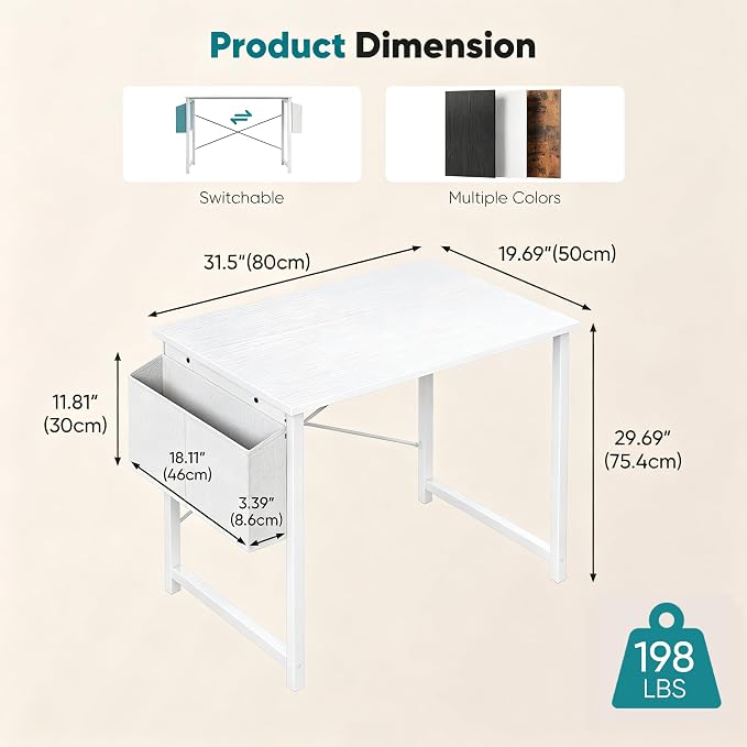 OLIXIS Small Computer Desk, 31 Inch Home Office Desks, Writing Study Craft Work Gaming Table, Computer Workstation for Bedroom Small Spaces with Storage Bag and Headphone Hook, White