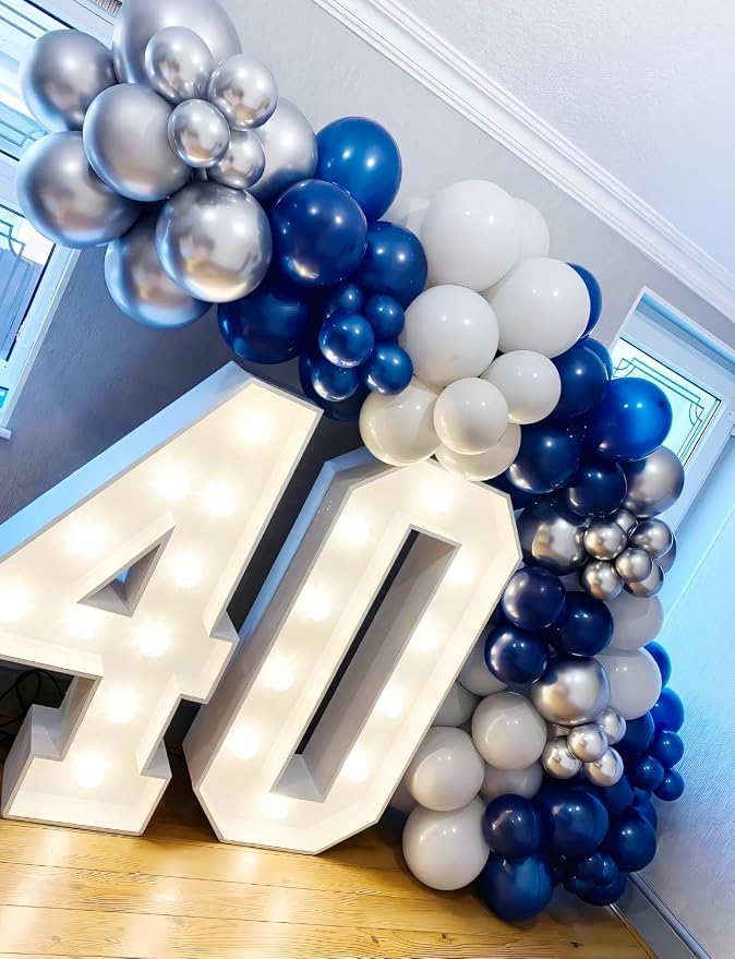 Navy Blue and Silver Balloons Garland Arch Kit, 134 Pcs Father's Day Balloons, White Navy Blue and Silver Balloons with Confetti Latex Balloons for Father Day, Birthday Grad Baby Shower Wedding Decor