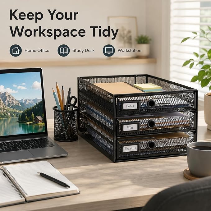 EXERZ Paper Sorter 3 Tier Drawers A4 / Multifunctional Desk Organiser/Letter Tray - Documents, Magazines, Notebooks and Letters | Pull Out Metal Mesh Drawers For A4 Documents Magazines Notebooks And Letters Space Saving Storage For Office Home Study